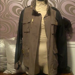 Army color long jacket w/ pleather sleeves.